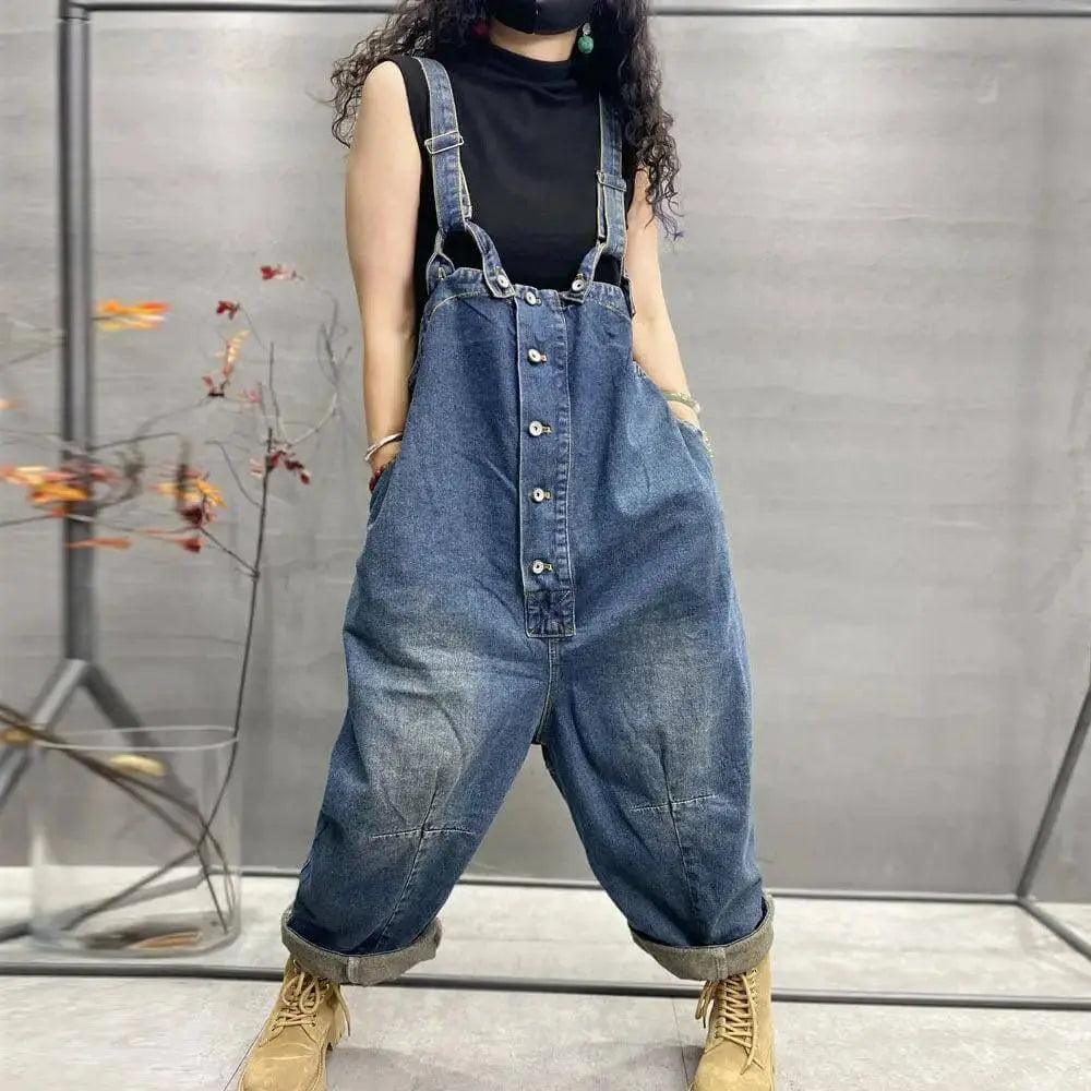 Blue Denim Retro Drop Crotch Overalls for Women by Thebesttailor