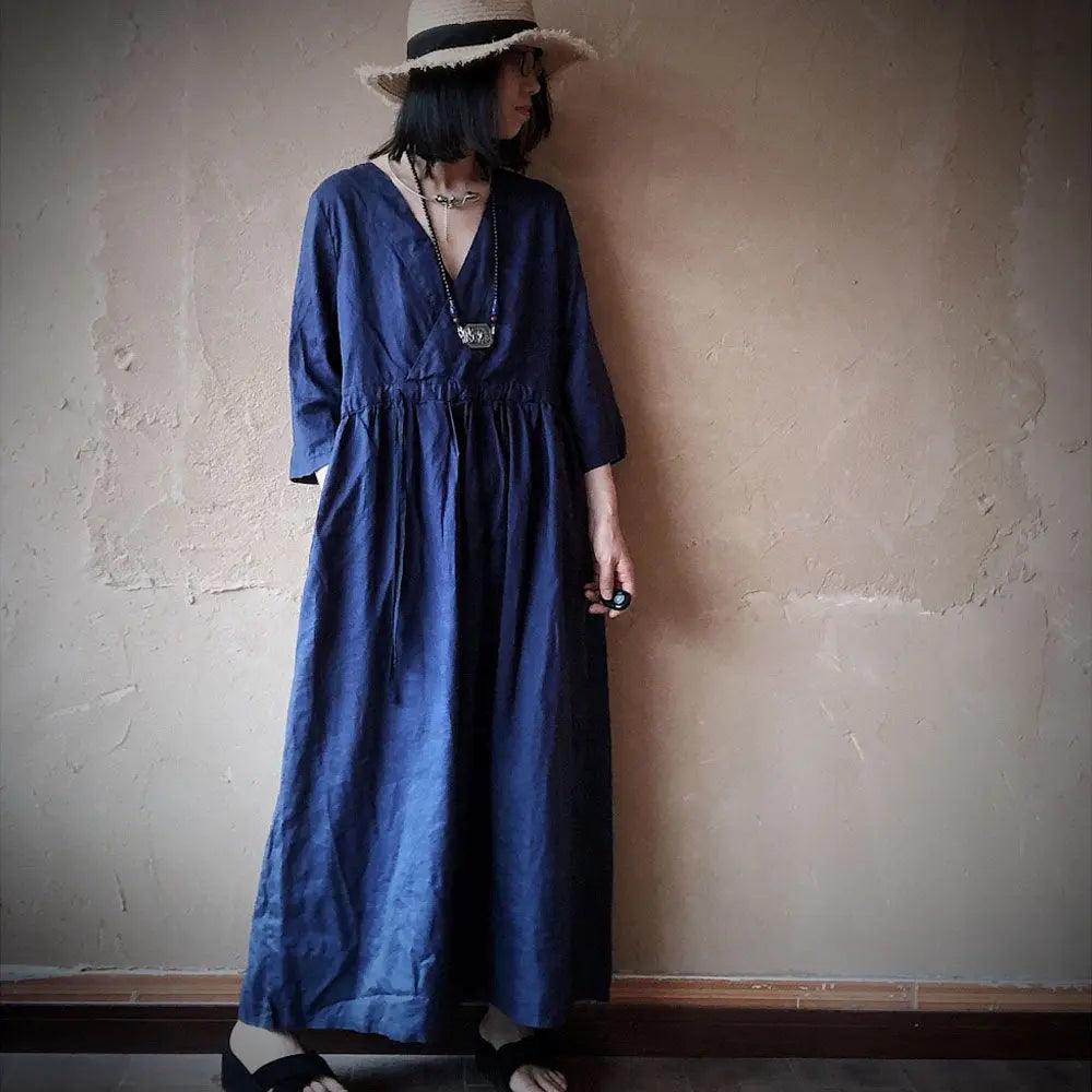 Summer Dark Blue V-Neck Linen Maxi Dress with Long Sleeves by Thebesttailor