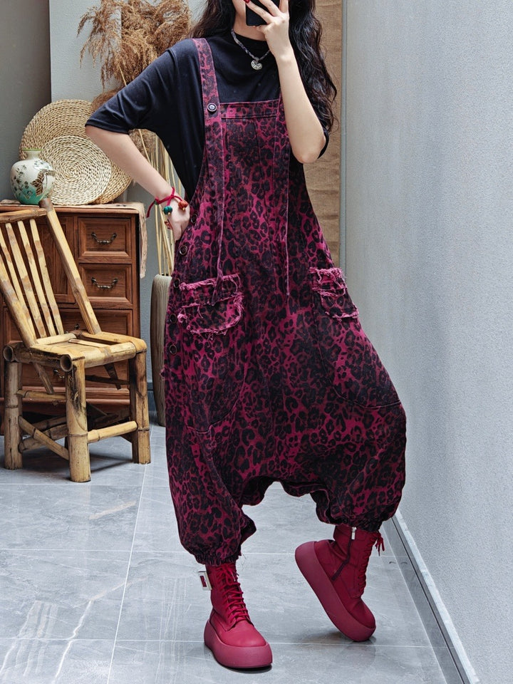 Casual Leopard Print oversized denim overalls for women