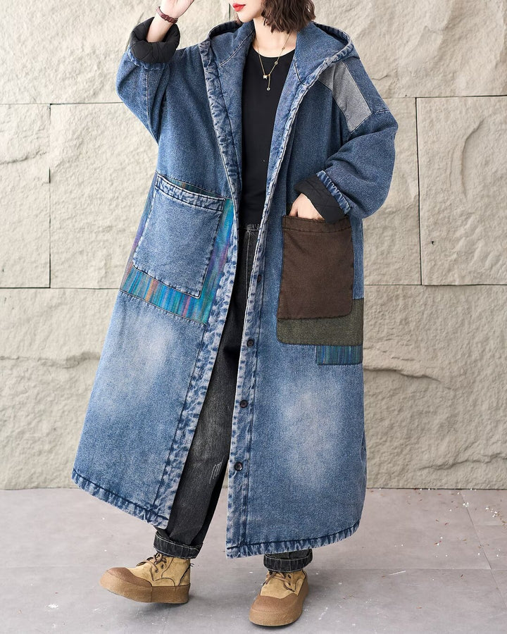 Casual Winter Denim Long Trench Coat