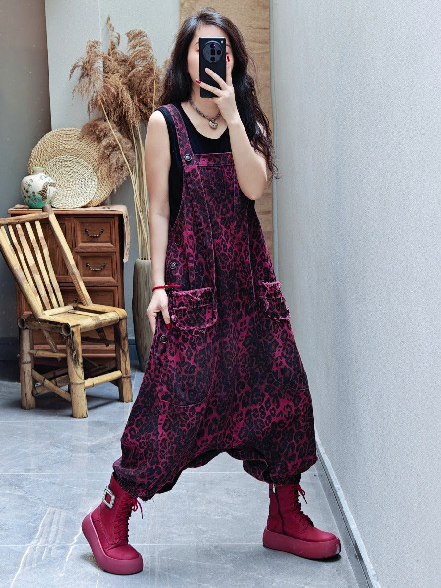 Casual Leopard Print oversized denim overalls for women