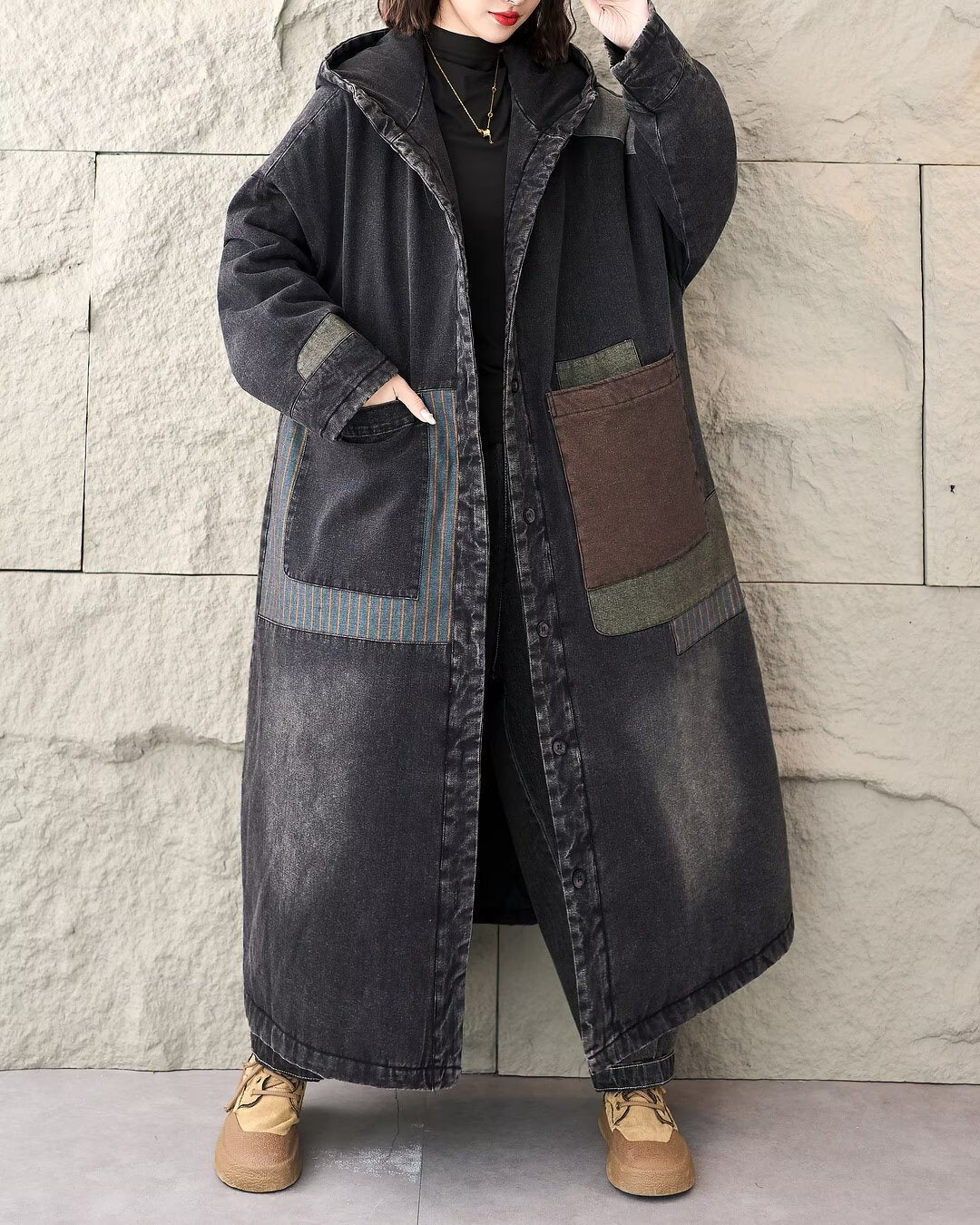 Casual Winter Denim Long Trench Coat