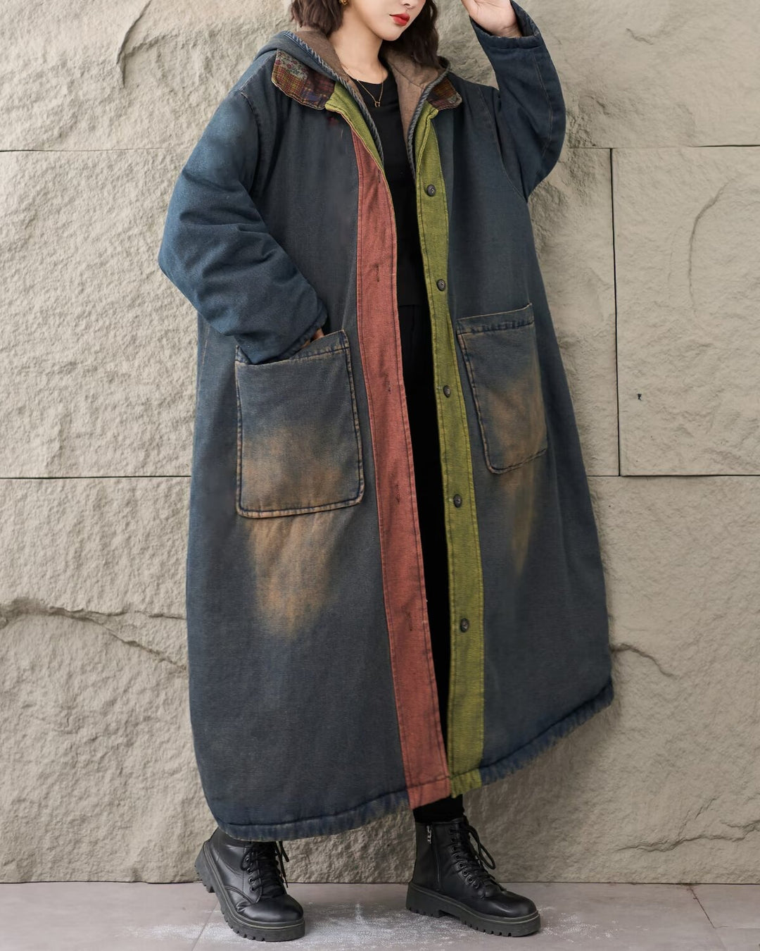Winter Wear  Outdoor Denim Hooded Long Windbreaker