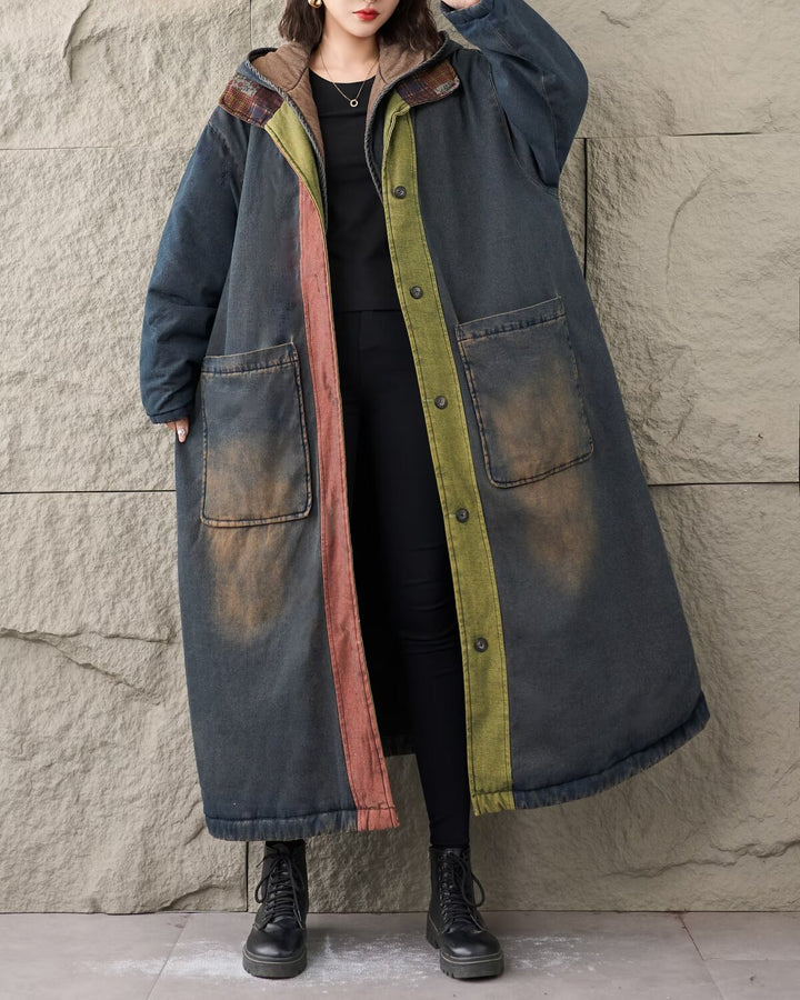 Winter Wear  Outdoor Denim Hooded Long Windbreaker