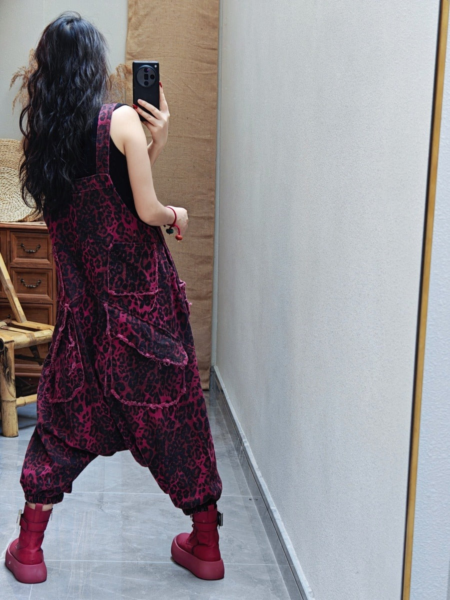 Casual Leopard Print oversized denim overalls for women