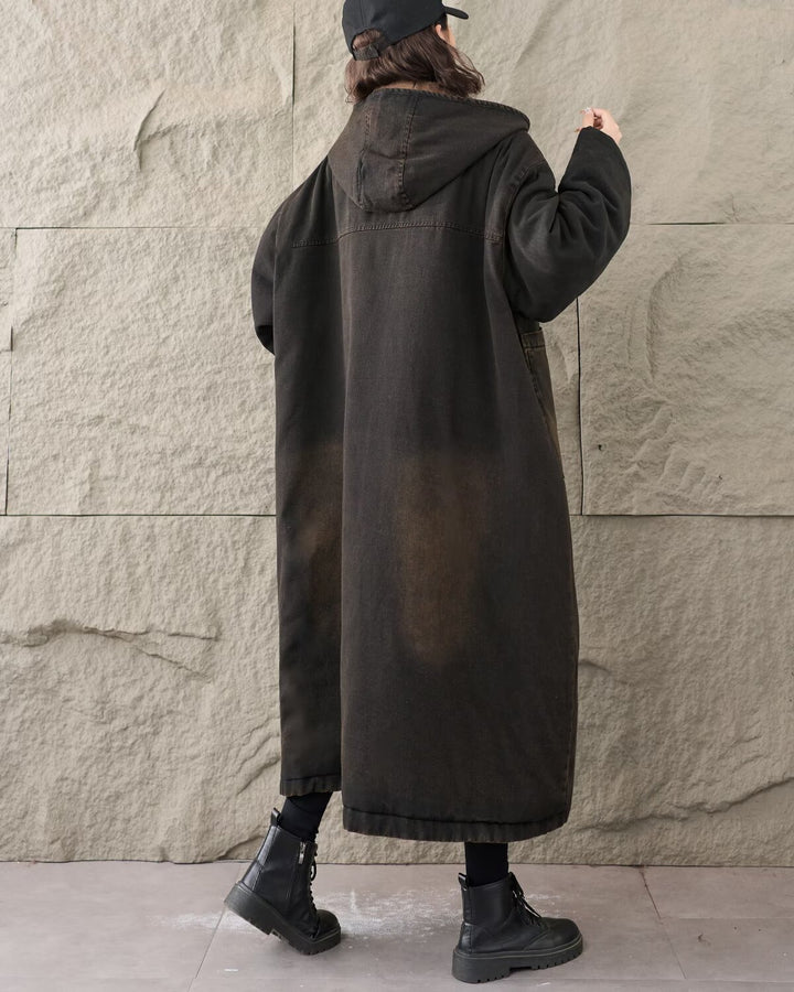 Winter Wear  Outdoor Denim Hooded Long Windbreaker