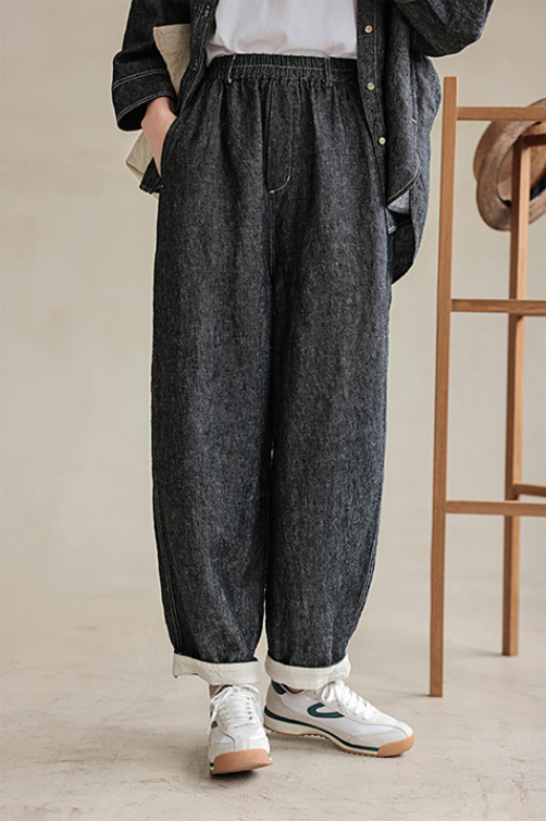 Women's Casual Autumn Yarn-Dyed Linen Carrot Pants