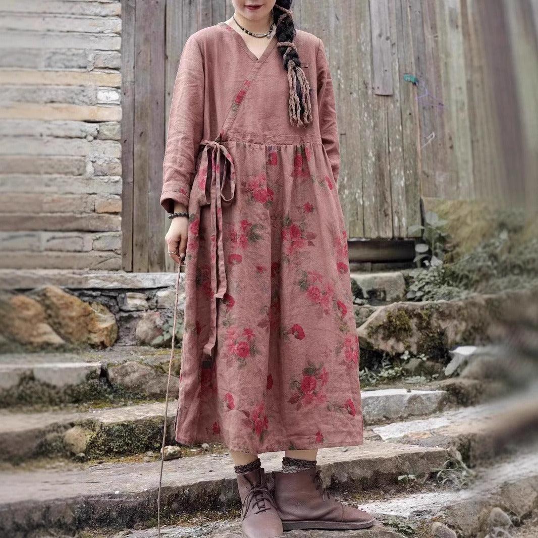 High Waisted Printed Linen Dress With Patchwork Midi Dress by Thebesttailor