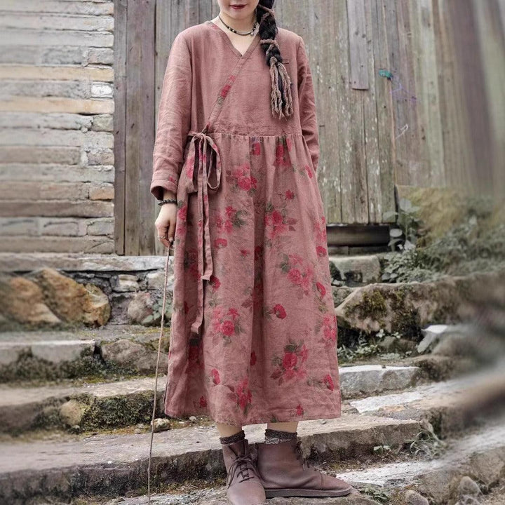 High Waisted Printed Linen Dress With Patchwork Midi Dress by Thebesttailor