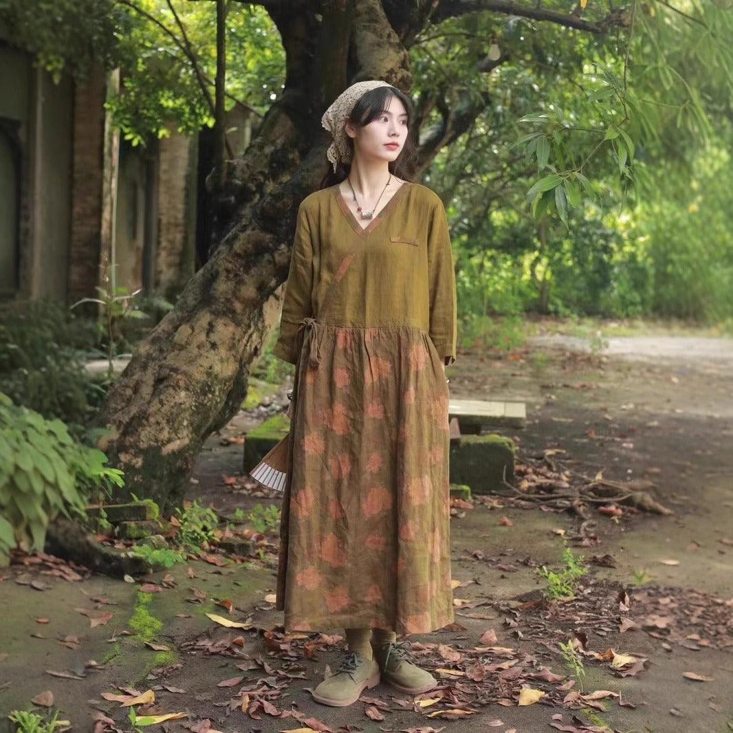 High Waisted Printed Linen Dress With Patchwork Midi Dress by Thebesttailor