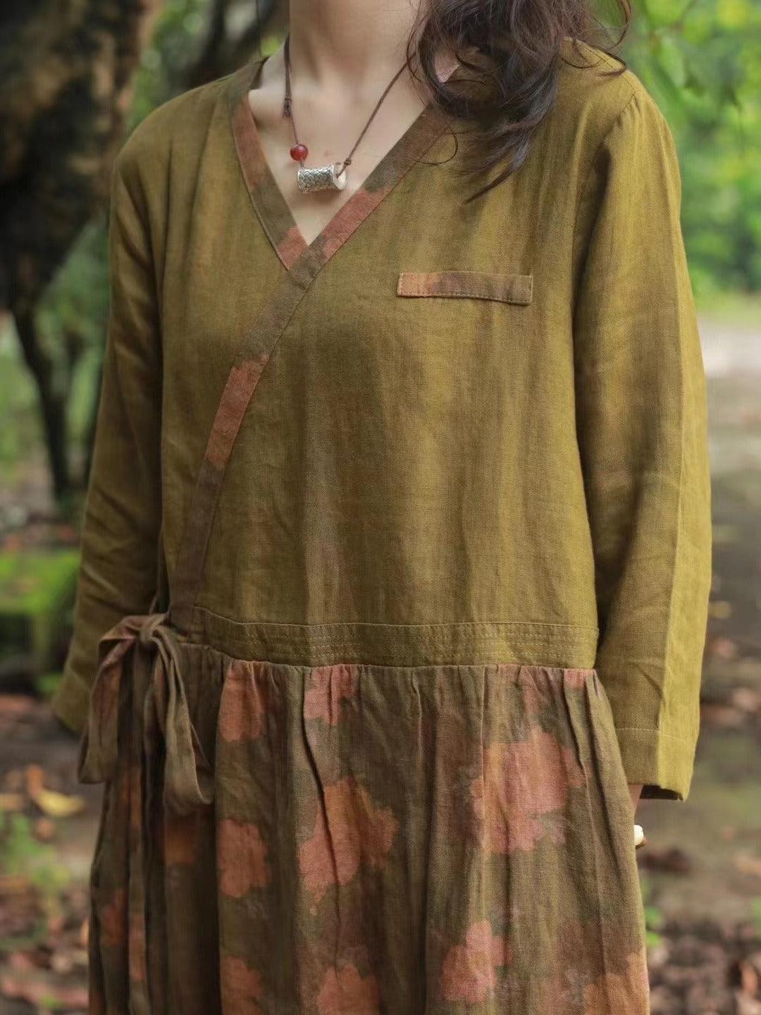 High Waisted Printed Linen Dress With Patchwork Midi Dress by Thebesttailor