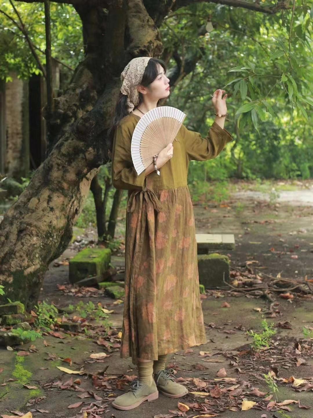 High Waisted Printed Linen Dress With Patchwork Midi Dress by Thebesttailor