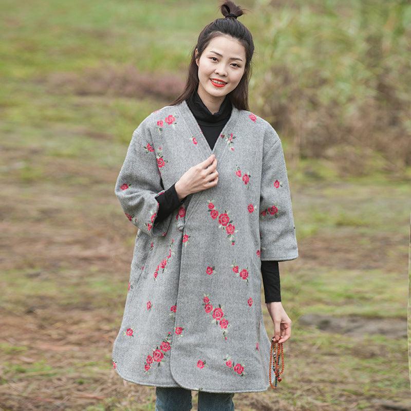 Wool blend grey coat embroidered mid-length coat by Thebesttailor