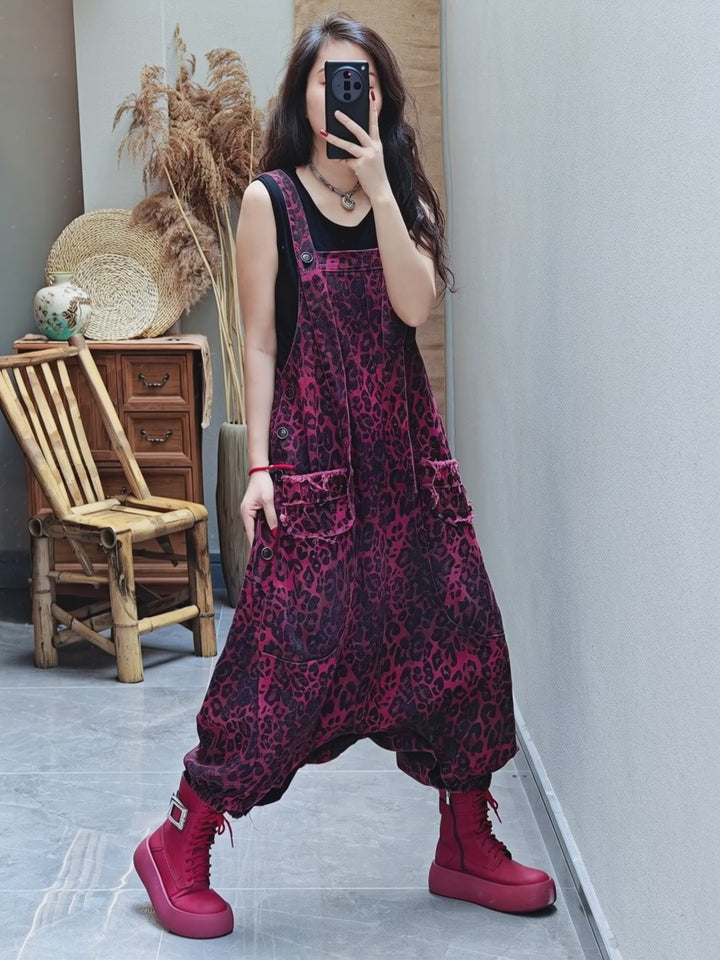 Casual Leopard Print oversized denim overalls for women
