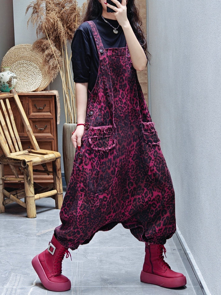 Casual Leopard Print oversized denim overalls for women