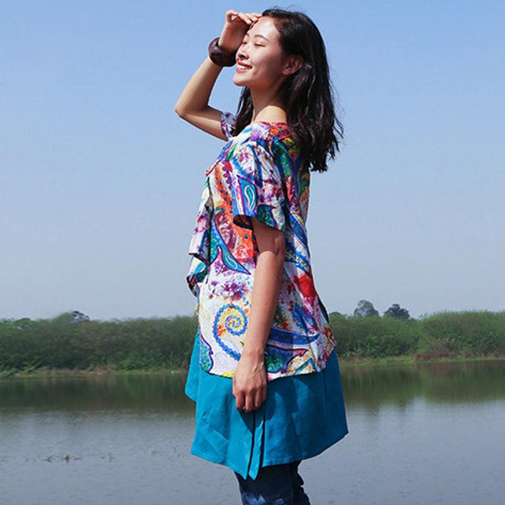 Oversized Short Dress-Sleeve Cotton-Linen Blouse for Women-Women's Shirt-Thebesttailor-Thebesttailor