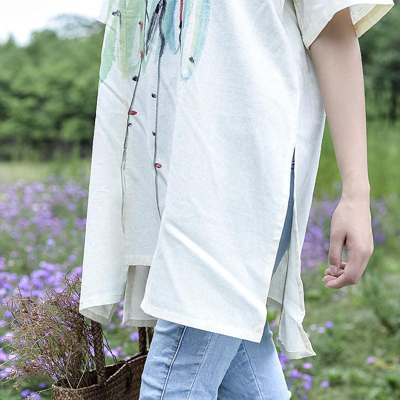 Elegant White Cotton-Linen Short Sleeve Blouse for Women-Women's coat-Thebesttailor-Thebesttailor