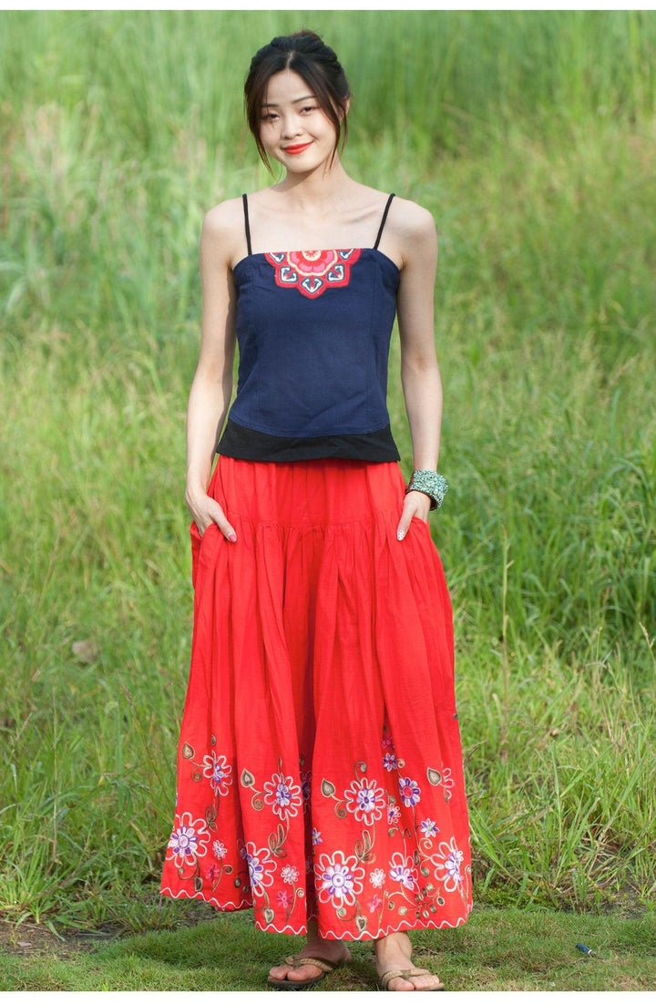 Bohemian Floral Cotton Maxi Skirt for Holidays-Women's Skirts-Thebesttailor-One size-Red-Cotton-Thebesttailor