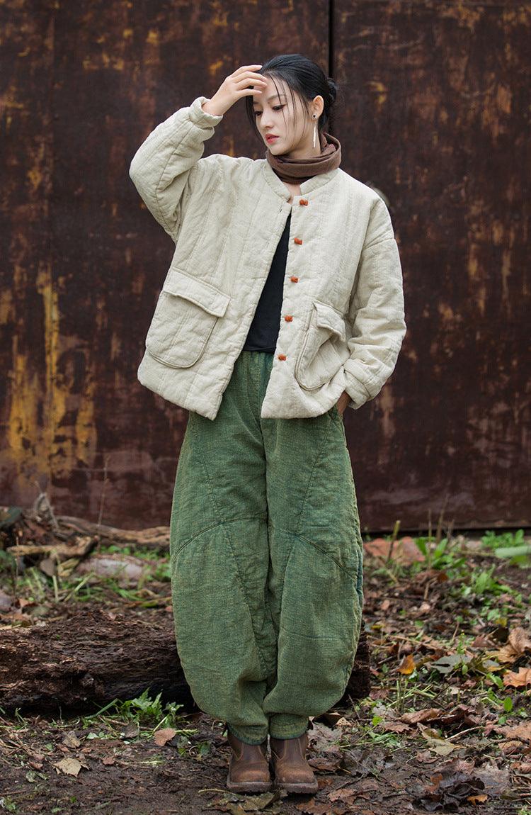 Linen Cotton Long Sleeve Quilted Jacket for Women-Women's coat-Thebesttailor-Thebesttailor
