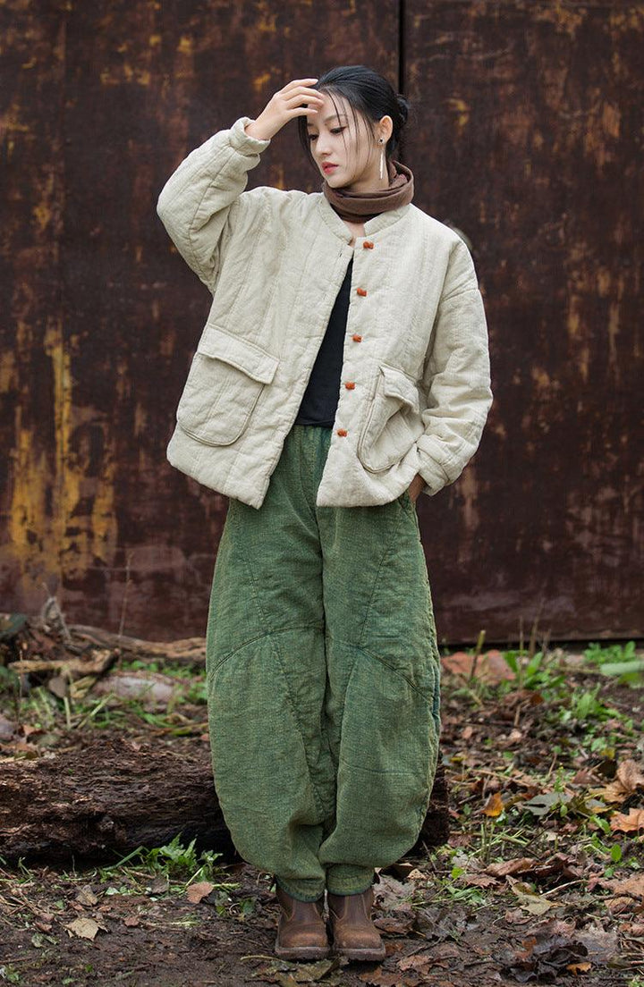Linen Cotton Long Sleeve Quilted Jacket for Women-Women's coat-Thebesttailor-Thebesttailor
