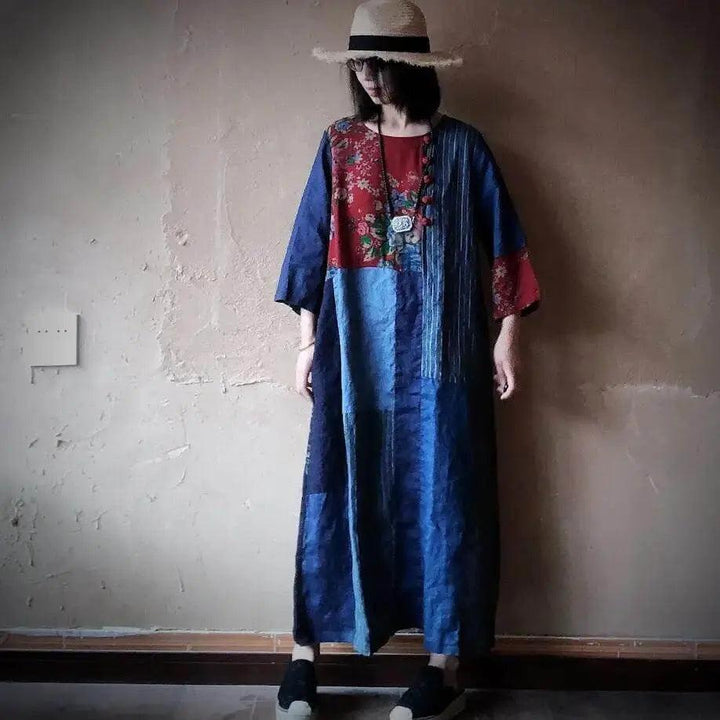 maxi dresses for women Vintage Blue Linen Patchwork Dress with 3/4 Sleeves-Women's dress-Thebesttailor-One size-Blue-Linen-Thebesttailor