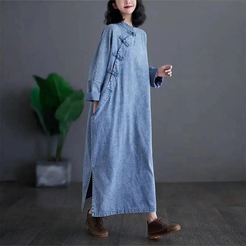 Blue Denim Ruffle Dress with Stand Collar - Retro Style-Women's dress-Thebesttailor-Thebesttailor