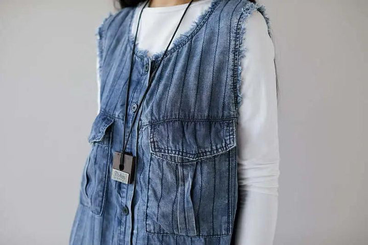 Denim Sleeveless Cropped Jumpsuit in Dark Blue Stripes for Women-Women's pants-Thebesttailor-Thebesttailor