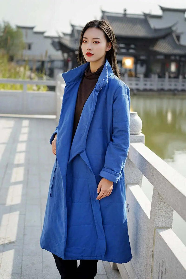 Elegant Vintage Linen Coat with Silk Cotton Filling-Women's coat-Thebesttailor-Thebesttailor