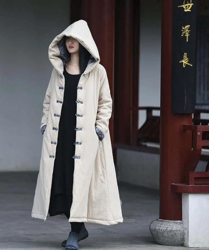 Mystical Enchantress Linen Hooded Cotton Winter Coat-Women's coat-Thebesttailor-Thebesttailor