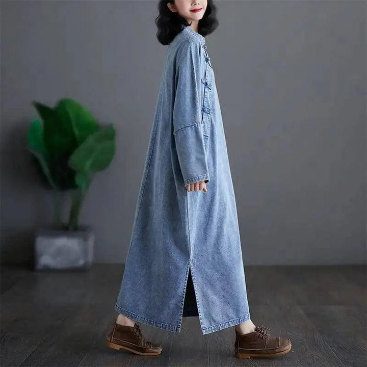 Blue Denim Ruffle Dress with Stand Collar - Retro Style-Women's dress-Thebesttailor-Thebesttailor