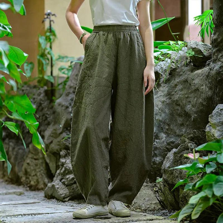 Women Elastic Waist Pants autumn mustard yellow water linen large size casual pants-Women's pants-Thebesttailor-One size-Dark green-Linen-Thebesttailor
