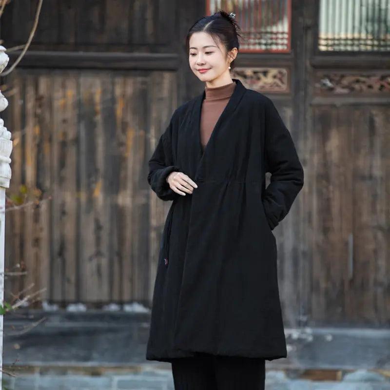 Stylish Women's Black Linen Cape Jacket for Cold Winter Days-Women's coat-Thebesttailor-One size-Black-Linen-Thebesttailor