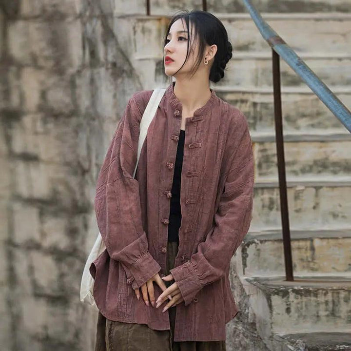 Vintage Spring Linen Women's Stand Collar Cardigan-Women's Shirt-Thebesttailor-One size-Purple-Linen-Thebesttailor
