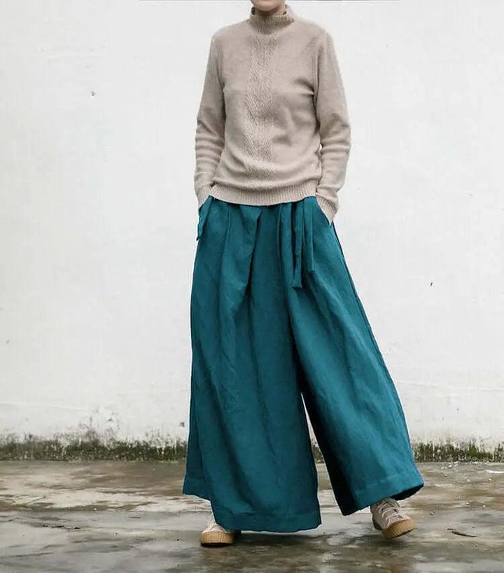 Versatile Bohemian Linen Culottes Mid-Waist Wide-Leg Pants-Women's pants-Thebesttailor-Thebesttailor