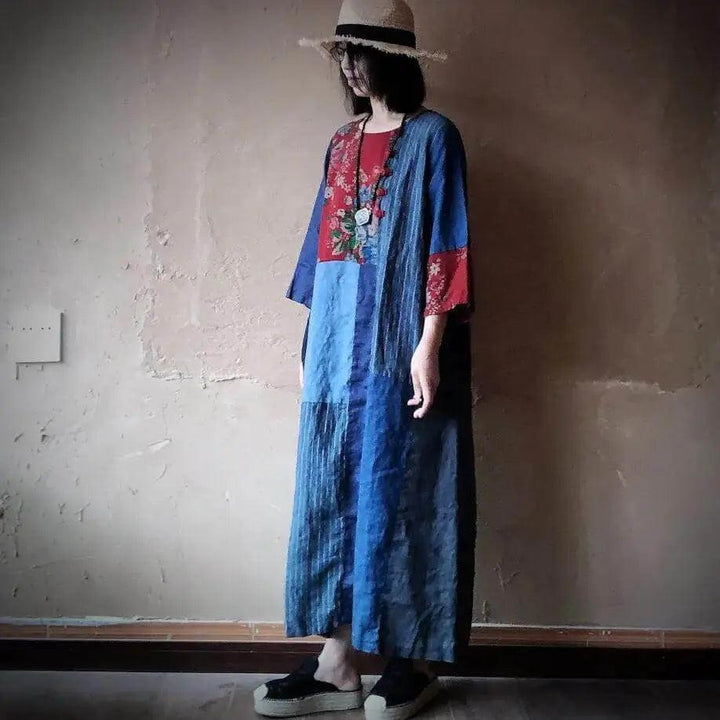 maxi dresses for women Vintage Blue Linen Patchwork Dress with 3/4 Sleeves-Women's dress-Thebesttailor-Thebesttailor