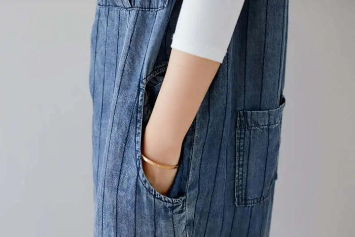 Denim Sleeveless Cropped Jumpsuit in Dark Blue Stripes for Women-Women's pants-Thebesttailor-Thebesttailor