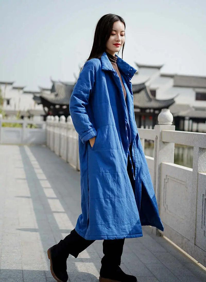 Elegant Vintage Linen Coat with Silk Cotton Filling-Women's coat-Thebesttailor-Thebesttailor