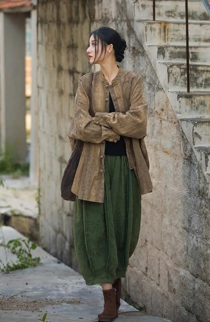 Vintage Spring Linen Women's Stand Collar Cardigan-Women's Shirt-Thebesttailor-Thebesttailor