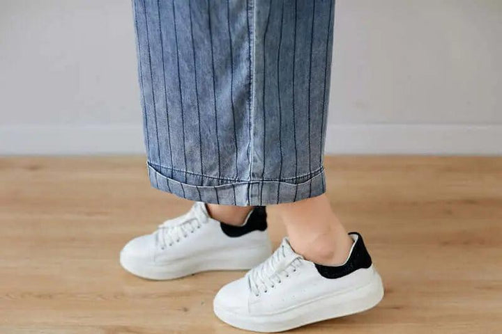 Denim Sleeveless Cropped Jumpsuit in Dark Blue Stripes for Women-Women's pants-Thebesttailor-Thebesttailor