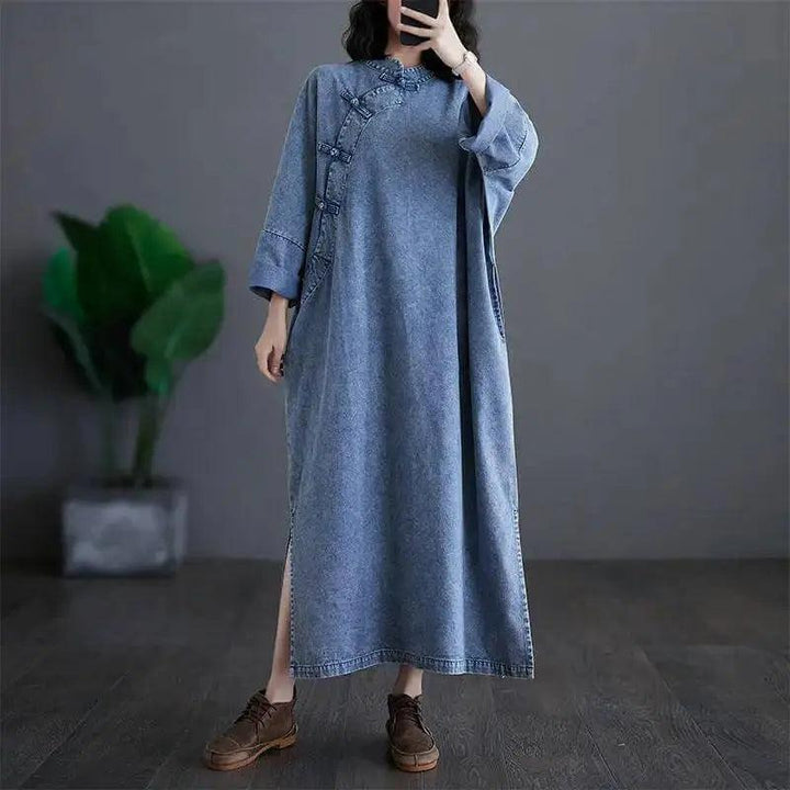 Blue Denim Ruffle Dress with Stand Collar - Retro Style-Women's dress-Thebesttailor-One size-Blue-Denim-Thebesttailor