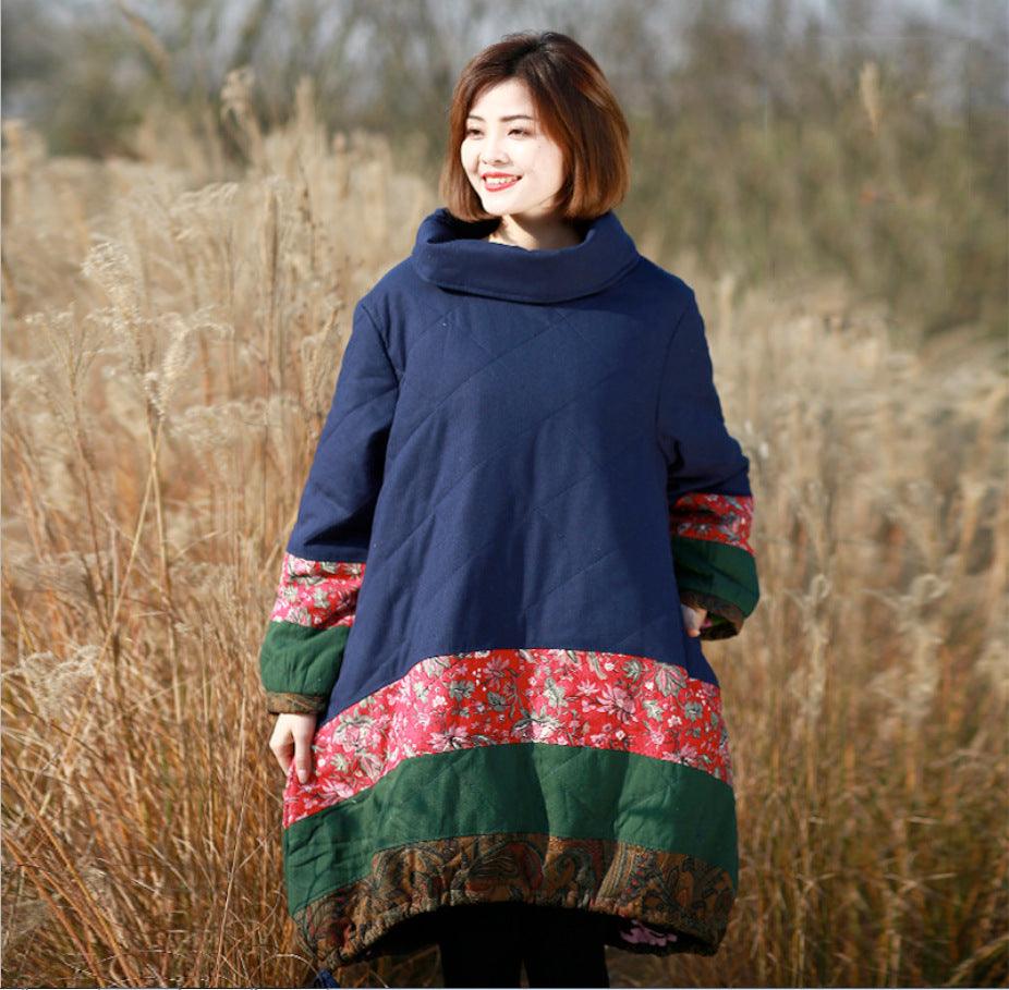 Loose long padded coat women's winter dress-Women's coat-Thebesttailor-One size-Navy-Cotton-Thebesttailor