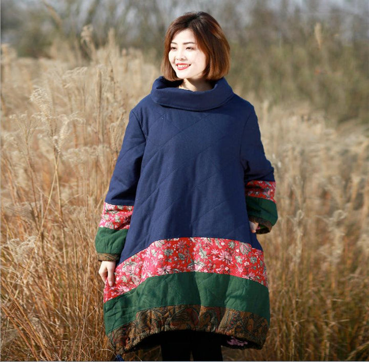 Loose long padded coat women's winter dress-Women's coat-Thebesttailor-One size-Navy-Cotton-Thebesttailor