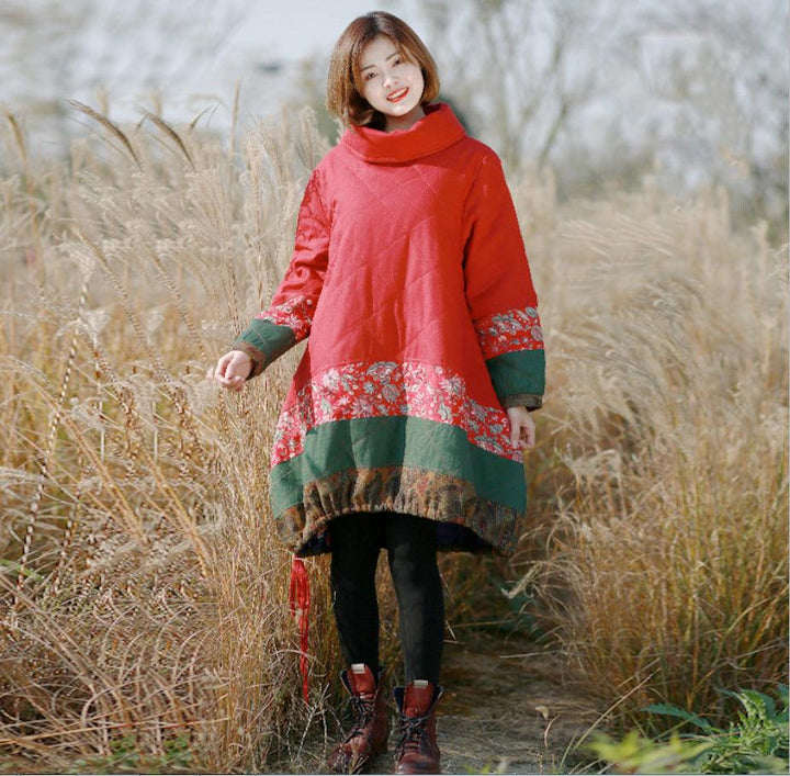 Loose long padded coat women's winter dress-Women's coat-Thebesttailor-One size-Red-Cotton-Thebesttailor