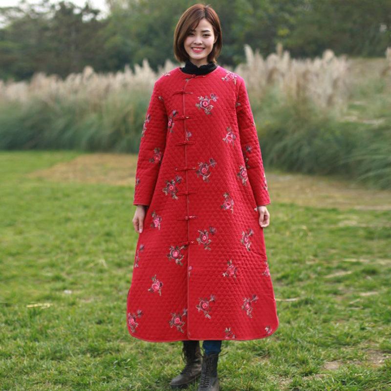 Women floral embroidery coat linen ladies winter filler dress-Women's coat-Thebesttailor-One size-Red-Cotton-Thebesttailor
