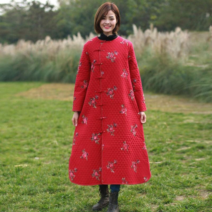 Women floral embroidery coat linen ladies winter filler dress-Women's coat-Thebesttailor-One size-Red-Cotton-Thebesttailor