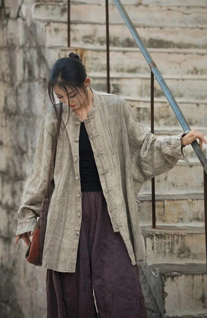 Vintage Spring Linen Women's Stand Collar Cardigan-Women's Shirt-Thebesttailor-Thebesttailor