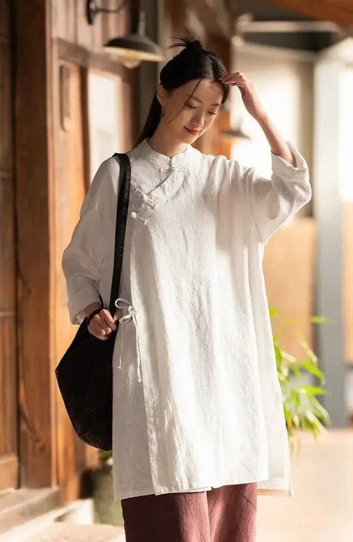 Shirt dress for women Linen Vintage top and Robe Dress-Women's dress-Thebesttailor-Thebesttailor