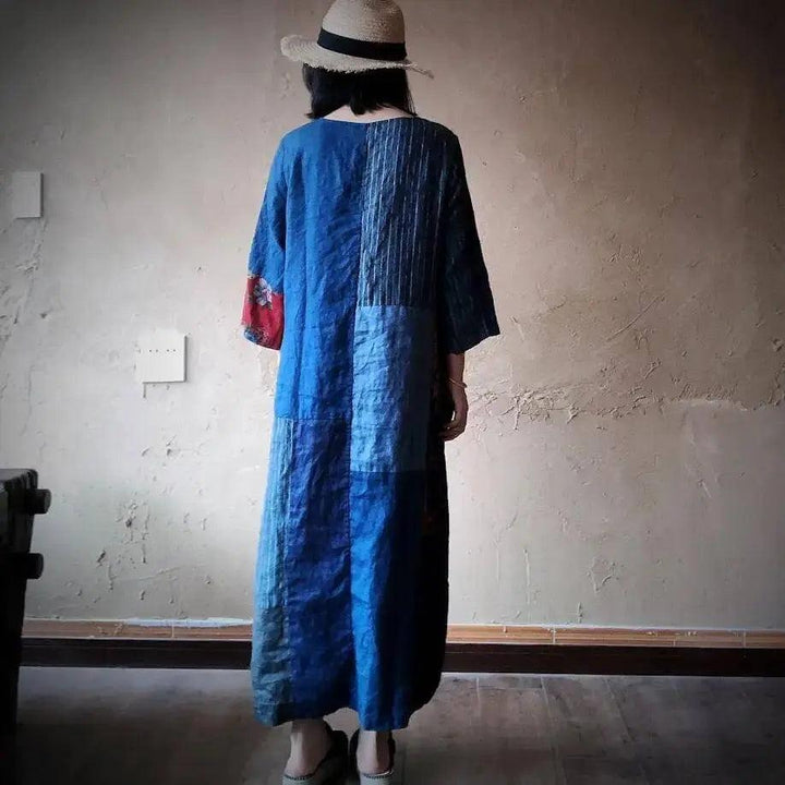 maxi dresses for women Vintage Blue Linen Patchwork Dress with 3/4 Sleeves-Women's dress-Thebesttailor-Thebesttailor