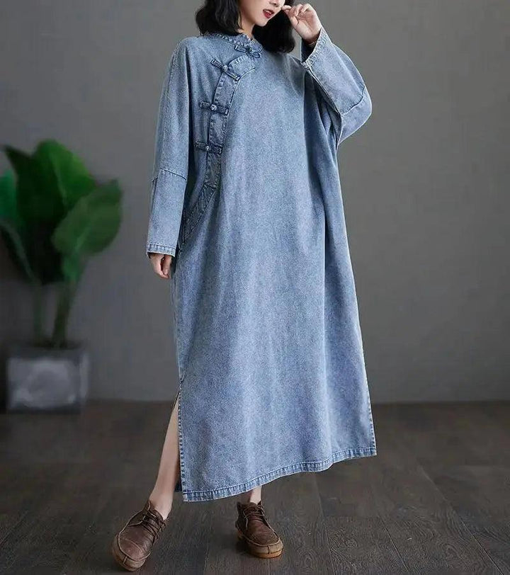Blue Denim Ruffle Dress with Stand Collar - Retro Style-Women's dress-Thebesttailor-Thebesttailor