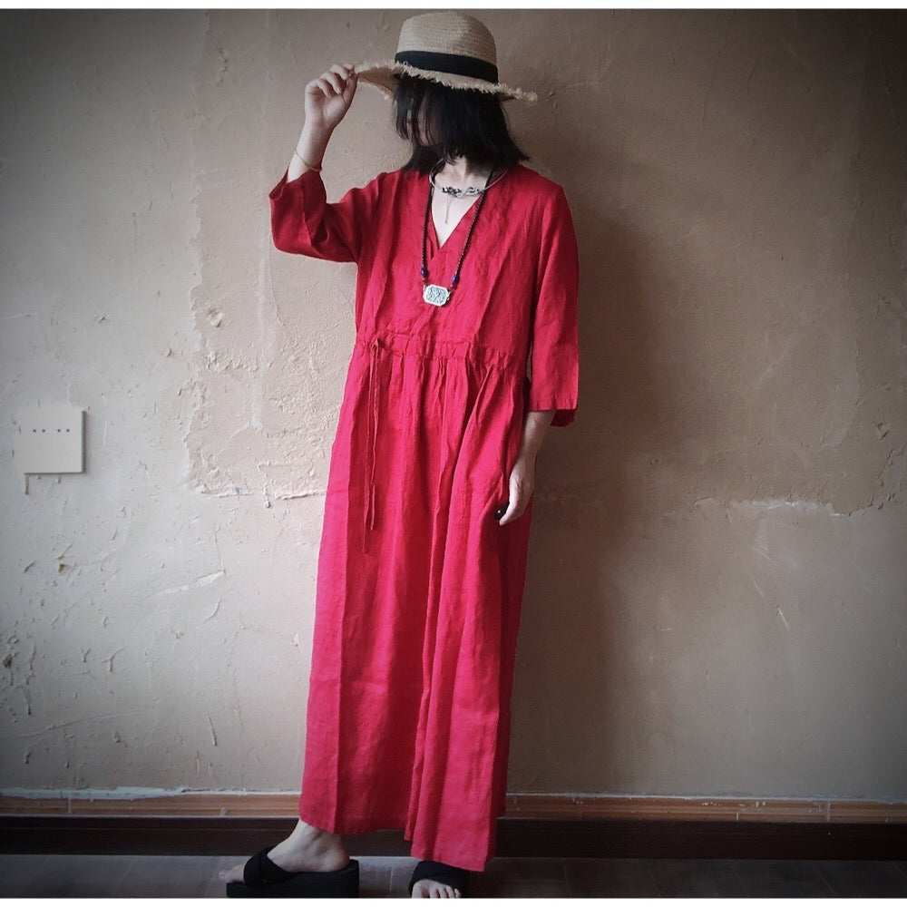 Summer Dark Blue V-Neck Linen Maxi Dress with Long Sleeves